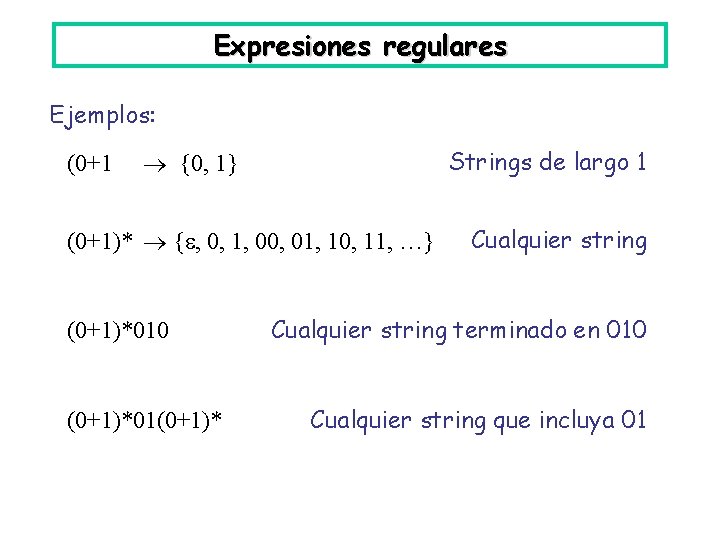 Expresiones regulares Ejemplos: (0+1 Strings de largo 1 {0, 1} (0+1)* { , 0,