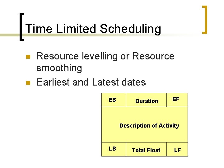 Time Limited Scheduling n n Resource levelling or Resource smoothing Earliest and Latest dates