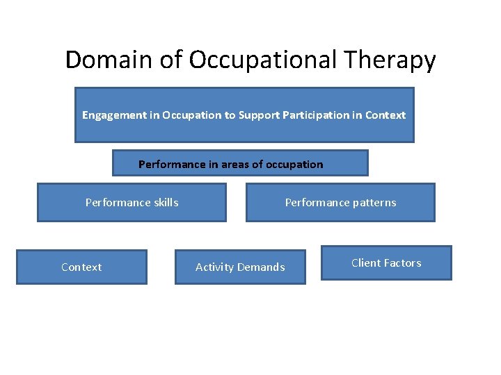 Domain of Occupational Therapy Engagement in Occupation to Support Participation in Context Performance in