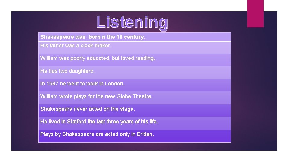 Listening Shakespeare was born n the 16 century. His father was a clock-maker. William
