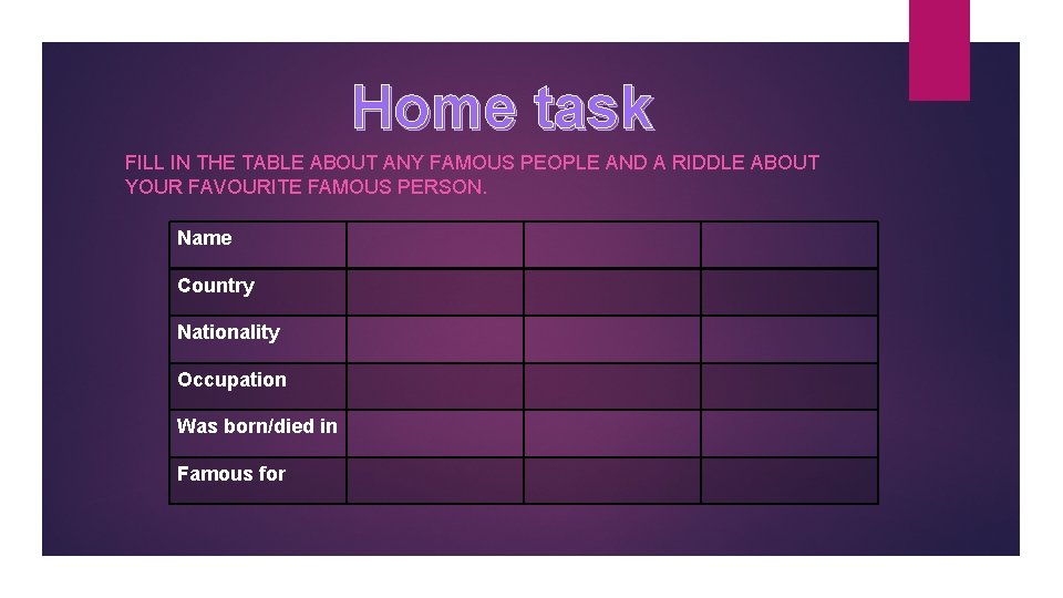 Home task FILL IN THE TABLE ABOUT ANY FAMOUS PEOPLE AND A RIDDLE ABOUT