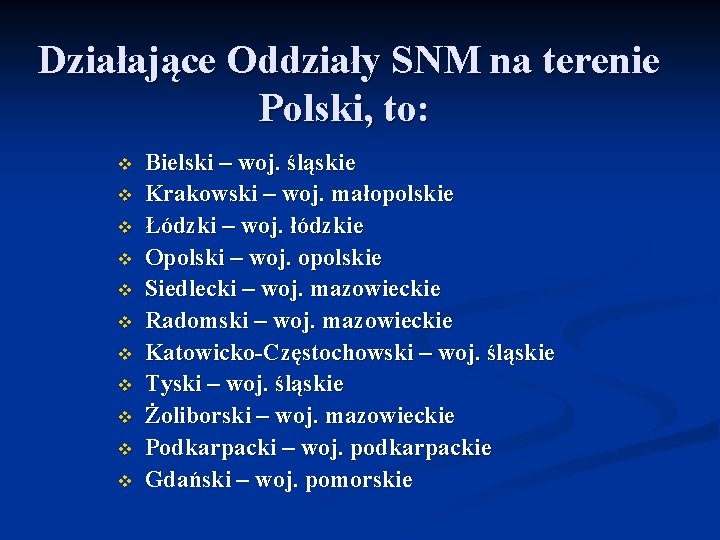 Działające Oddziały SNM na terenie Polski, to: v v v Bielski – woj. śląskie Działające Oddziały SNM na terenie Polski, to: v v v Bielski – woj. śląskie