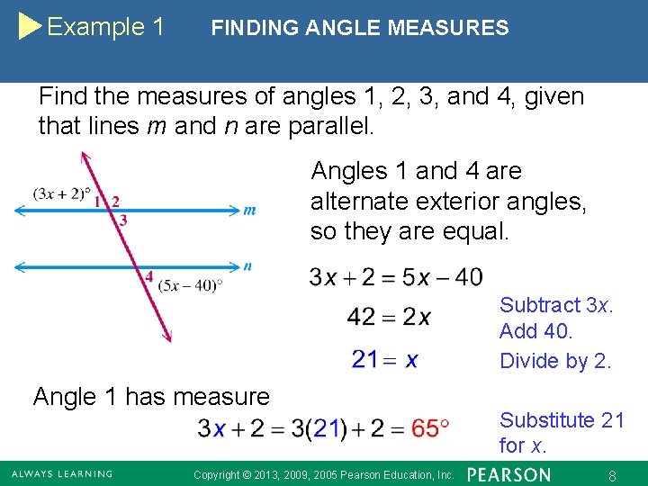 Example 1 FINDING ANGLE MEASURES Find the measures of angles 1, 2, 3, and