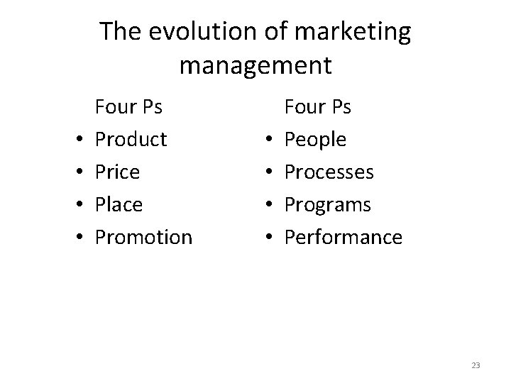 The evolution of marketing management • • Four Ps Product Price Place Promotion •