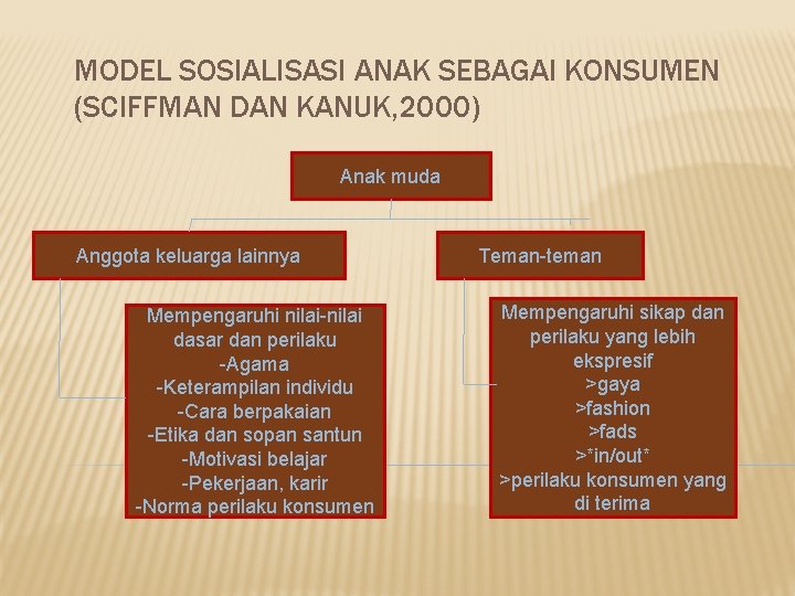 MODEL SOSIALISASI ANAK SEBAGAI KONSUMEN (SCIFFMAN DAN KANUK, 2000) Anak muda Anggota keluarga lainnya