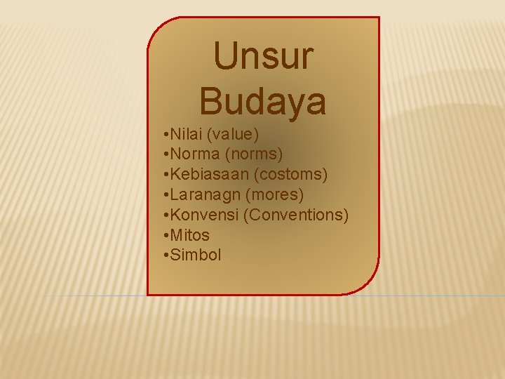 Unsur Budaya • Nilai (value) • Norma (norms) • Kebiasaan (costoms) • Laranagn (mores)