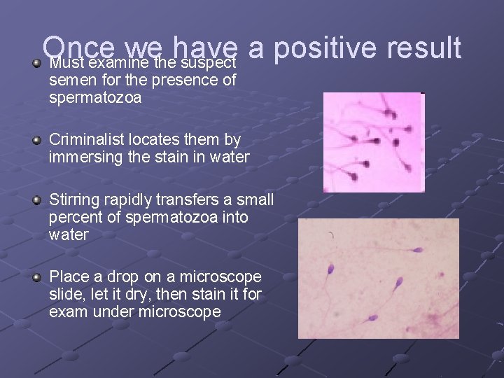 Once we have a positive result Must examine the suspect semen for the presence