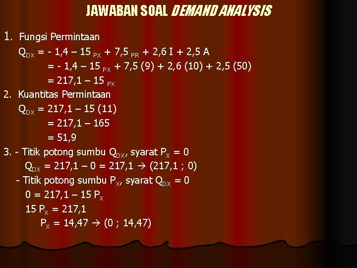 JAWABAN SOAL DEMAND ANALYSIS 1. Fungsi Permintaan QDX = - 1, 4 – 15