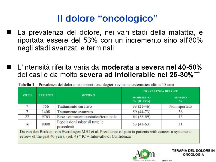 Il dolore “oncologico” n La prevalenza del dolore, nei vari stadi della malattia, è