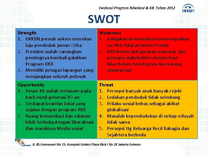 Evaluasi Program Advokasi & KIE Tahun 2012 SWOT Strength 1. BKKBN pernah sukses menekan