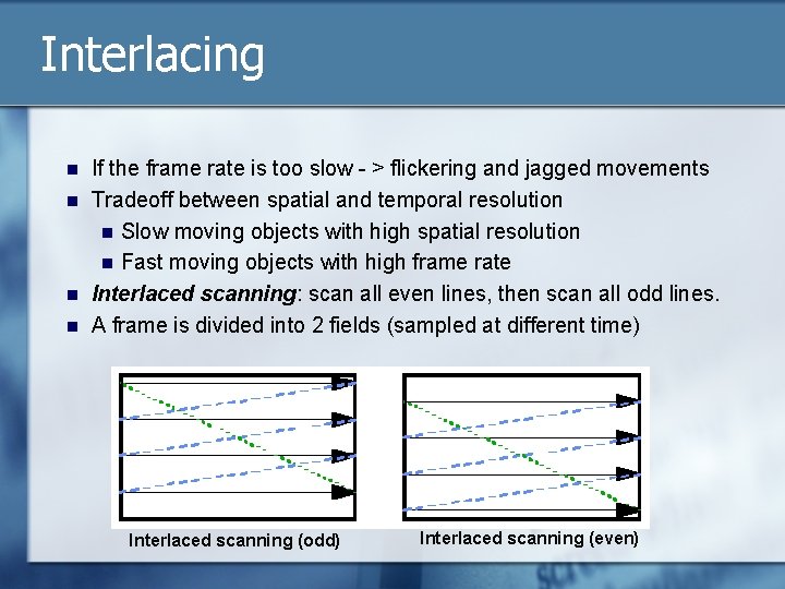 Interlacing n n If the frame rate is too slow - > flickering and