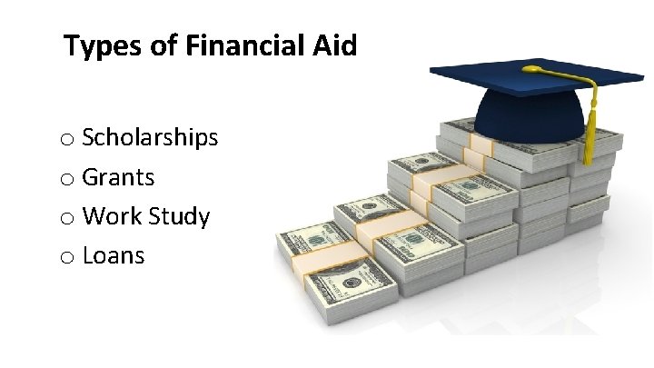Types of Financial Aid o Scholarships o Grants o Work Study o Loans 