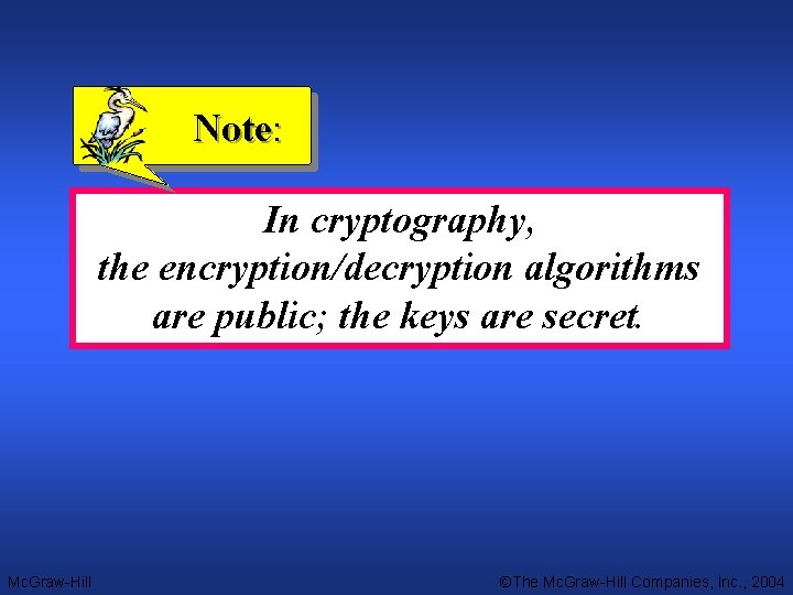 Note: In cryptography, the encryption/decryption algorithms are public; the keys are secret. Mc. Graw-Hill