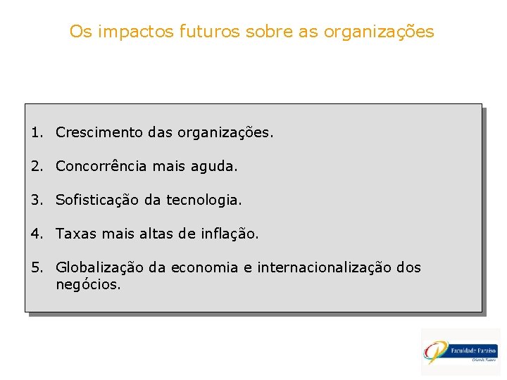 Os impactos futuros sobre as organizações 1. Crescimento das organizações. 2. Concorrência mais aguda.