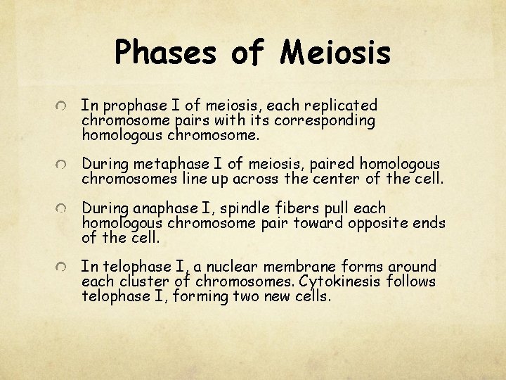 Phases of Meiosis In prophase I of meiosis, each replicated chromosome pairs with its