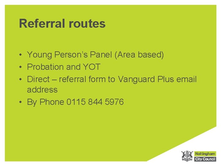 Referral routes • Young Person’s Panel (Area based) • Probation and YOT • Direct