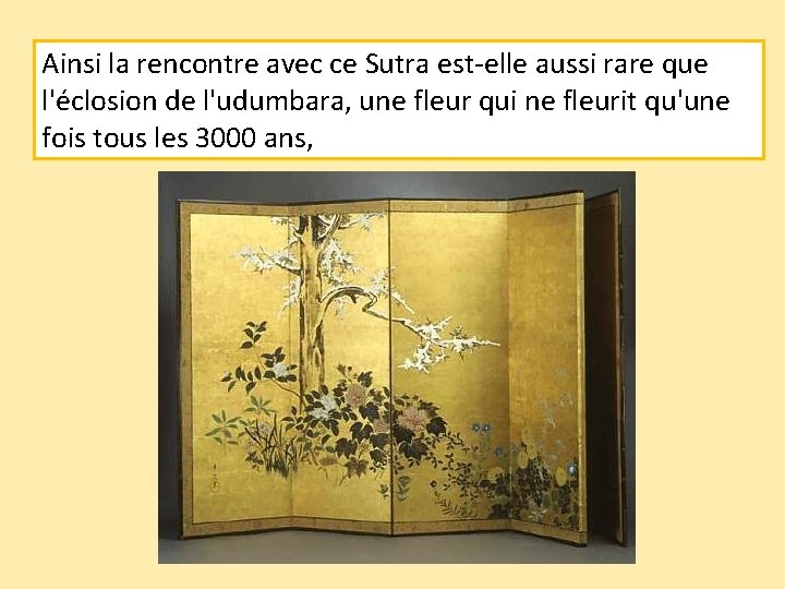 Ainsi la rencontre avec ce Sutra est-elle aussi rare que l'éclosion de l'udumbara, une