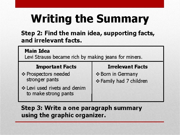 Writing the Summary Step 2: Find the main idea, supporting facts, and irrelevant facts.