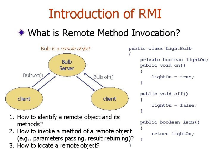 Introduction of RMI What is Remote Method Invocation? Bulb is a remote object Bulb