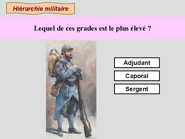 Hiérarchie militaire Lequel de ces grades est le plus élevé ? Adjudant Caporal Sergent