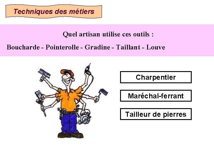 Techniques des métiers Quel artisan utilise ces outils : Boucharde - Pointerolle - Gradine