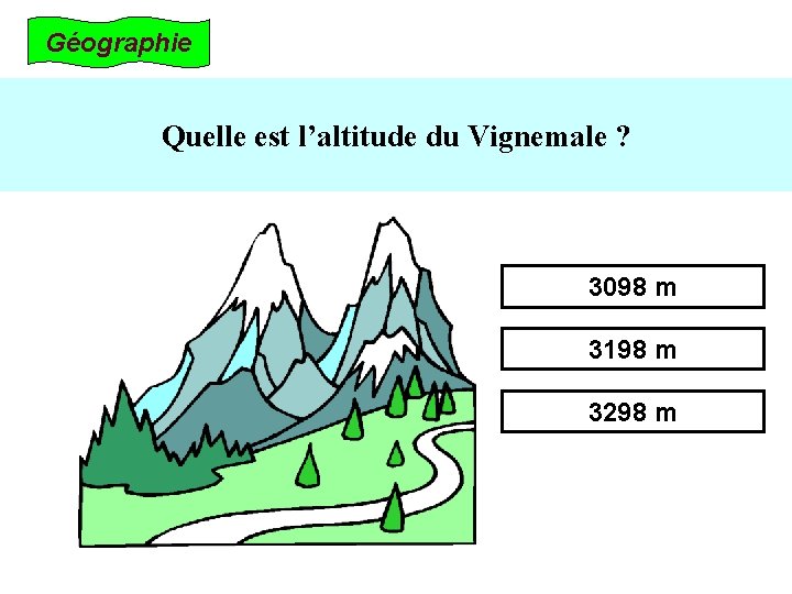 Géographie Quelle est l’altitude du Vignemale ? 3098 m 3198 m 3298 m 