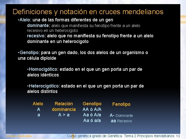 Definiciones y notación en cruces mendelianos • Alelo: una de las formas diferentes de