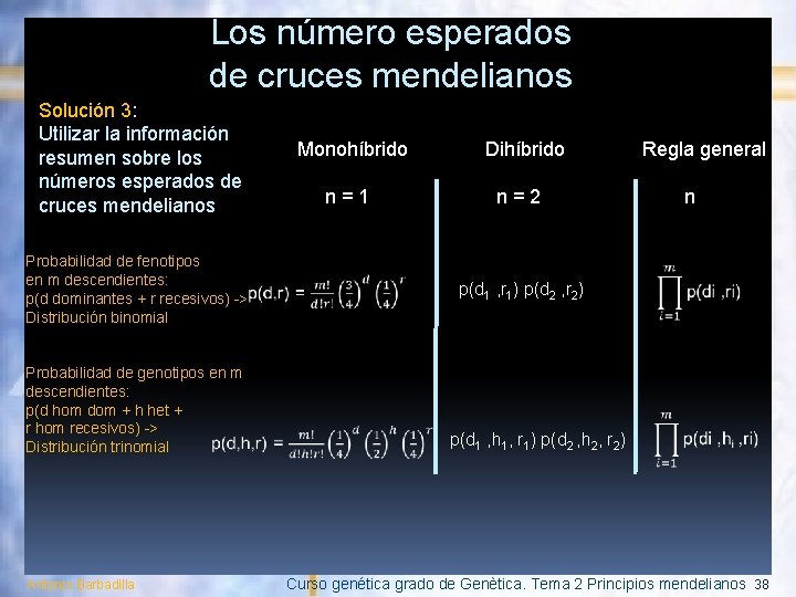 Los número esperados de cruces mendelianos Solución 3: Utilizar la información resumen sobre los