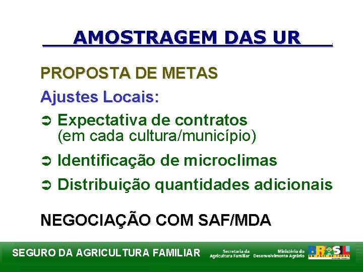 AMOSTRAGEM DAS UR . PROPOSTA DE METAS Ajustes Locais: Ü Expectativa de contratos (em