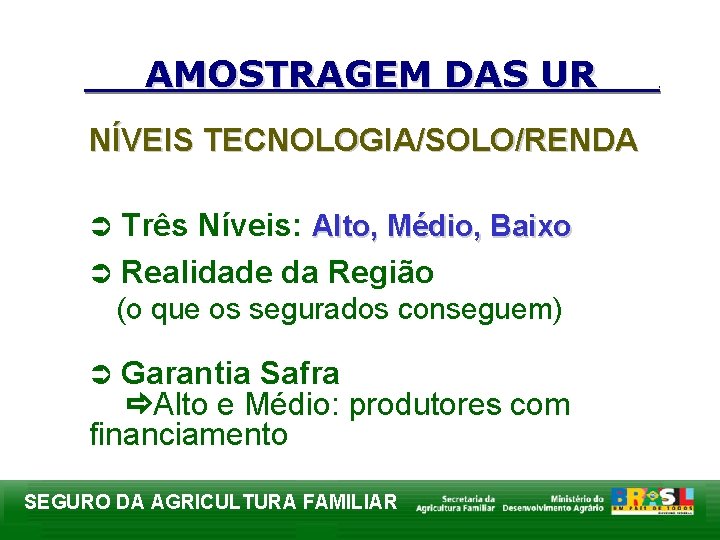 AMOSTRAGEM DAS UR NÍVEIS TECNOLOGIA/SOLO/RENDA Três Níveis: Alto, Médio, Baixo Ü Realidade da Região