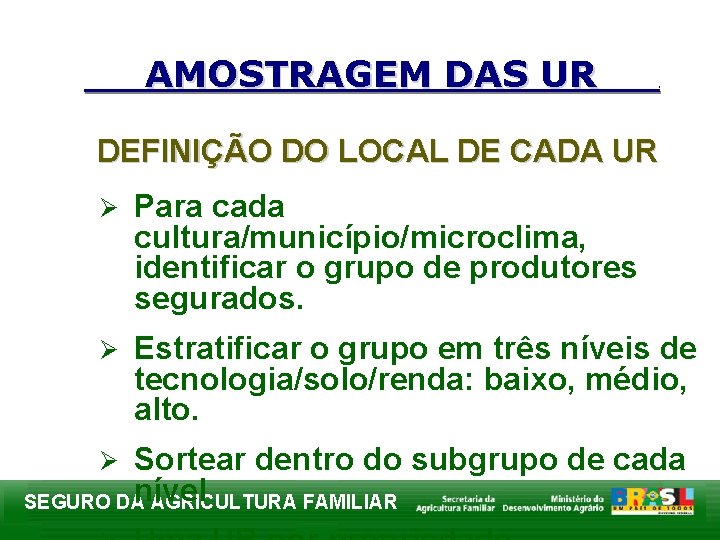 AMOSTRAGEM DAS UR . DEFINIÇÃO DO LOCAL DE CADA UR Para cada cultura/município/microclima, identificar