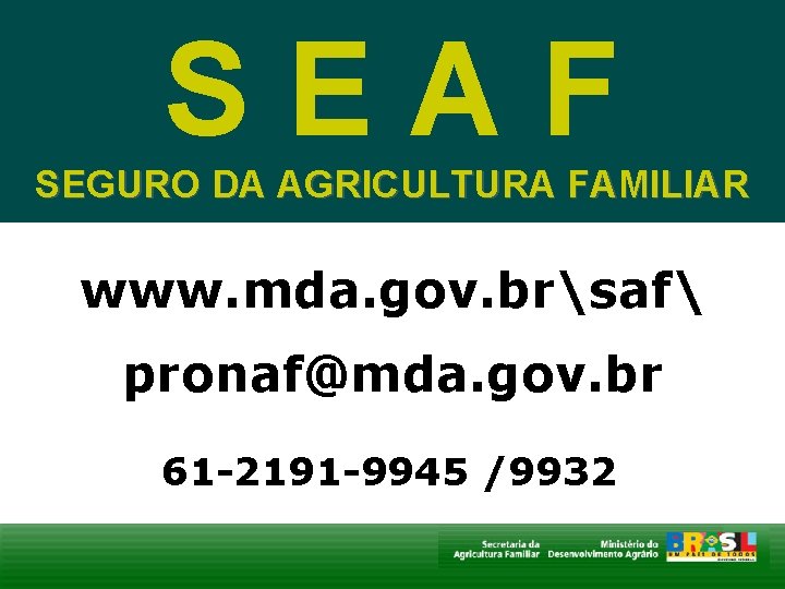 SEAF SEGURO DA AGRICULTURA FAMILIAR www. mda. gov. brsaf pronaf@mda. gov. br 61 -2191