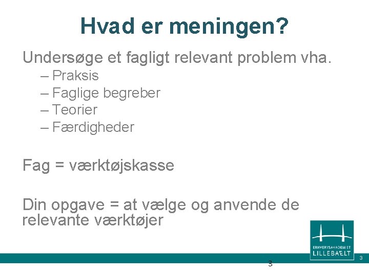 Hvad er meningen? Undersøge et fagligt relevant problem vha. – Praksis – Faglige begreber