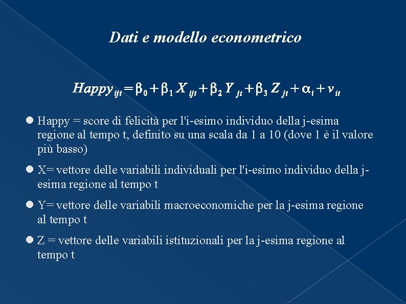 Dati e modello econometrico Happy = score di felicità per l'i-esimo individuo della j-esima