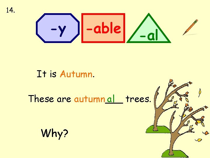 14. -y -able -al It is Autumn. These are autumn___ al trees. Why? 