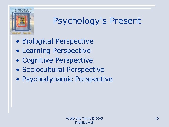 Psychology's Present • • • Biological Perspective Learning Perspective Cognitive Perspective Sociocultural Perspective Psychodynamic