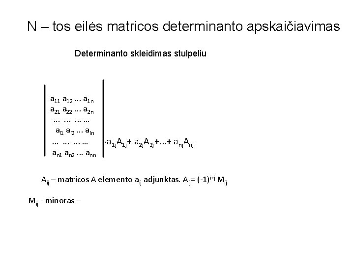 N – tos eilės matricos determinanto apskaičiavimas Determinanto skleidimas stulpeliu a 11 a 12.