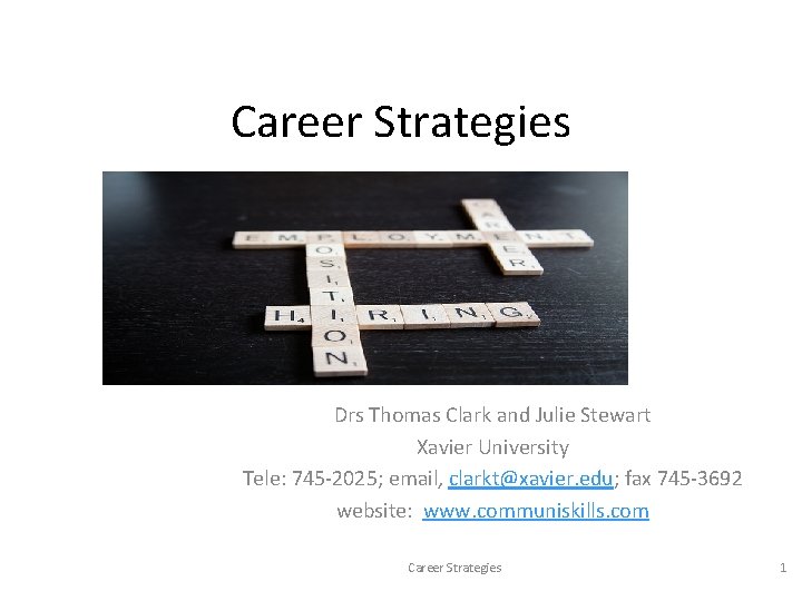 Career Strategies Drs Thomas Clark and Julie Stewart Xavier University Tele: 745 -2025; email, Career Strategies Drs Thomas Clark and Julie Stewart Xavier University Tele: 745 -2025; email,