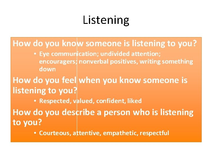 Listening How do you know someone is listening to you? • Eye communication; undivided Listening How do you know someone is listening to you? • Eye communication; undivided