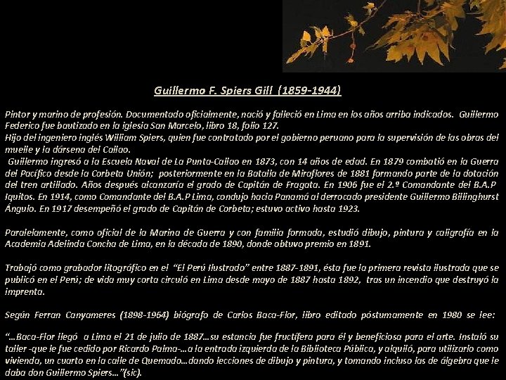 Guillermo F. Spiers Gill (1859 -1944) Pintor y marino de profesión. Documentado oficialmente, nació