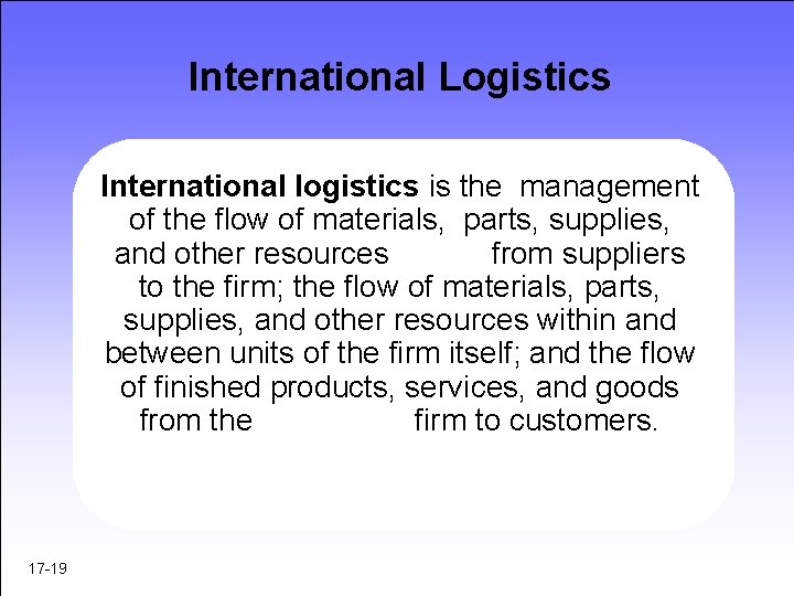 International Logistics International logistics is the management of the flow of materials, parts, supplies, International Logistics International logistics is the management of the flow of materials, parts, supplies,