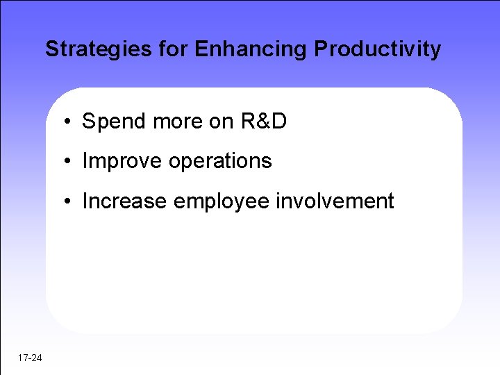 Strategies for Enhancing Productivity • Spend more on R&D • Improve operations • Increase Strategies for Enhancing Productivity • Spend more on R&D • Improve operations • Increase