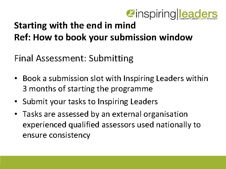 Starting with the end in mind Ref: How to book your submission window Final