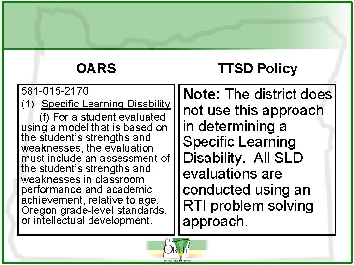 OARS TTSD Policy 581 -015 -2170 (1) Specific Learning Disability (f) For a student