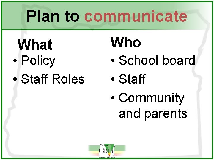 Plan to communicate What • Policy • Staff Roles Who • School board •