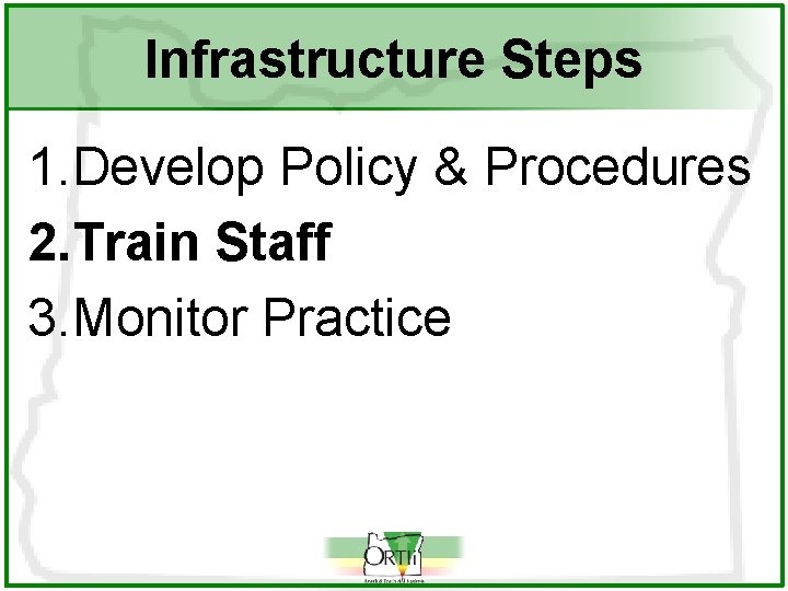 Infrastructure Steps 1. Develop Policy & Procedures 2. Train Staff 3. Monitor Practice 