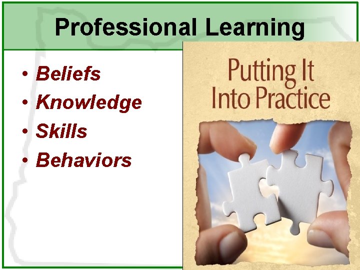 Professional Learning • • Beliefs Knowledge Skills Behaviors 