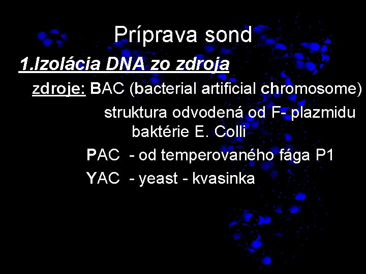 Príprava sond 1. Izolácia DNA zo zdroja zdroje: BAC (bacterial artificial chromosome) struktura odvodená