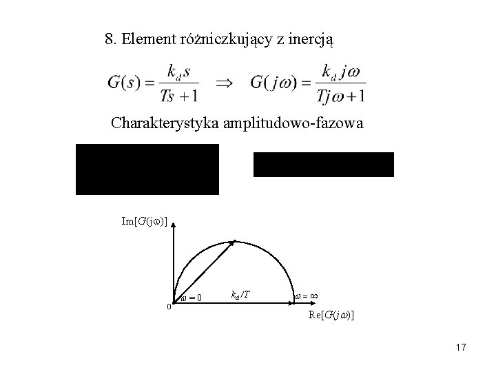 8. Element różniczkujący z inercją Charakterystyka amplitudowo-fazowa Im[G(j )] 0 =0 kd /T Re[G(j