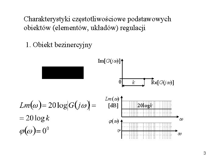 Charakterystyki częstotliwościowe podstawowych obiektów (elementów, układów) regulacji 1. Obiekt bezinercyjny Im[G(j )] 0 Lm(